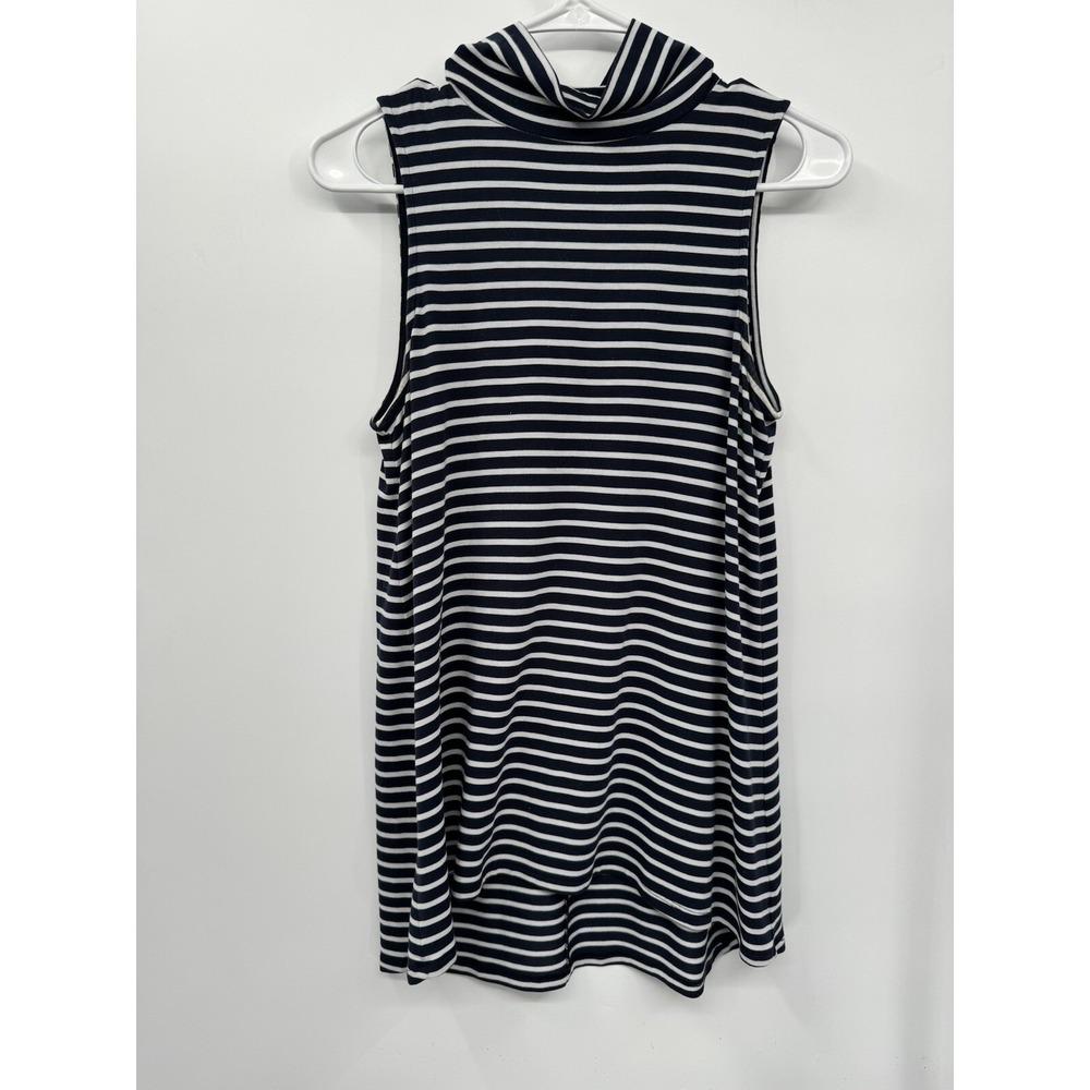 Athleta Small Sleeveless Mock Neck Top Womens Navy White Striped High-Low Tencel